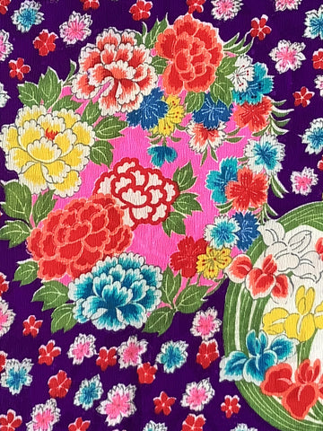6547:1930s-50s Kimono Fabric, Deadstock Silk, Flowers, by Yard