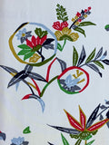8090: 1980s Japanese Silk, Mock-Bingata Desgns,  flora,stylized fruit orb with flowers