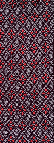 8148-1980s Japan Shibori dyed textile pattern featuring a repeating diamond and floral motif in red, white, and dark brown-black.