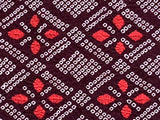 8148-center closeup of diamon hishi goshi and kanoko dots view, 1980s Japan Shibori dyed textile pattern featuring a repeating diamond and floral motif in red, white, and dark brown-black.