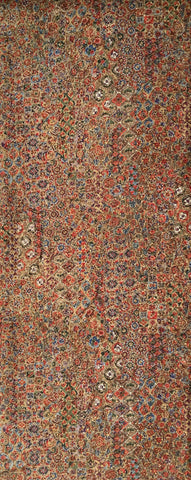 8150: long view of 1980s Japanese chiriment silk, yosegire floral patterned fabric with dense small motifs in red, blue, beige, and brown tones.