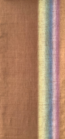 8151: 1980s textured Nishijin silk woven fabric, long view, predominantly warm brown on the left, with narrow vertical rainbow-coloredbokashi running down the right side.