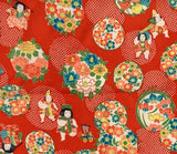 7622:1980s Japanese Girls Kimono Silk Fabric,AraiHari,51in.Palace Dolls Floral Orbs