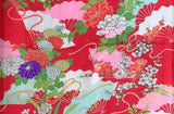 8076: 1960s Japan Furisode Silk, Fans, Flowers, closeup4