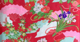 8076: 1960s Japan Furisode Silk, Fans, Flowers, lower portion 1/4 view