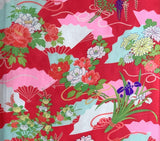 8076: 1960s Japan Furisode Silk, Fans, Flowers,  Iris violet color accent