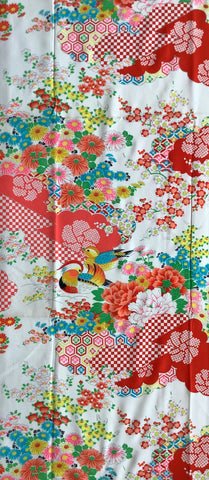 8077: 1960s Japan Furisode Silk Long view, floral and geometric patterned fabric