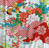 8077:  Mandari Ducks Loving Couple, wedding theme from1960s Japan Furisode Silk Long view, floral and geometric patterned fabric