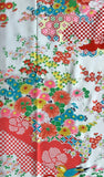 8077: top left closeup-1960s Japan Furisode Silk Long view, floral and geometric patterned fabric