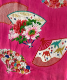 8078: 1930s Girls Ceremonial Kimono Silk Piece,  mid view 3 fans, one child's origami crane