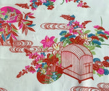 8079: 1930s-1950 Japanese Kimono Silk Fabric Piece 1 Yd Retro,Ikebana Floral, Fans, Streams