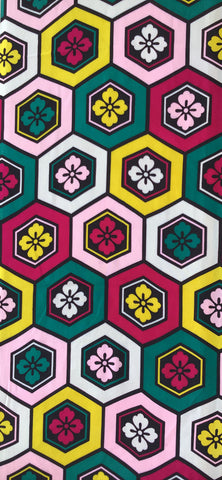 8092: 1970s Japan Kimono fabric, Hexagonal pattern with floral designs in various colors on a multicolor background