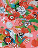 8109: 1990s Ceremonial Girls Kimono Cotton, middle view, fans, pines phoenix