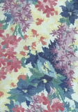 8116 1980s Japan Tsumugi Silk, pixleated, closeup3  a floral fabric pattern featuring pink, purple, and blue flowers with green leaves on a pale yellow background.
