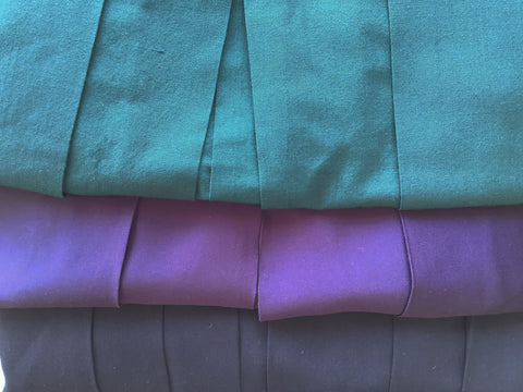 110-H3A: Lof 3 womens hakama, green, plum, navy