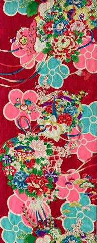 8129: 1930s Japan Ceremonial GIrls kimono deadstock silk fabric:  of a Japanese-style floral fabric pattern on a deep red background, featuring large pink and turquoise flowers with smaller multicolored blossoms and green leaves