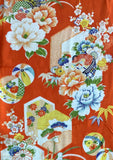 8130: Closeup1 1930s Girls Ceremonial  silk kimono fabric: hexagonals, temari balls, peonies, other flowers