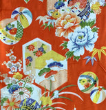8130: Closeup4 1930s Girls Ceremonial  silk kimono fabric: hexagonals, temari balls, peonies, other flowers