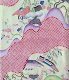 813112close-up5 of a Japanese-style patterned fabric featuring wavy bands, streams, river boat, floral motifs, birds, and small traditional house details in pink, green, purple, blue, and cream.