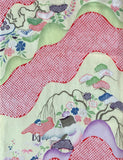 81312:close-up of a Japanese-style patterned fabric featuring wavy bands, streams, river boat, floral motifs, birds, and small traditional house details in pink, green, purple, blue, and cream.