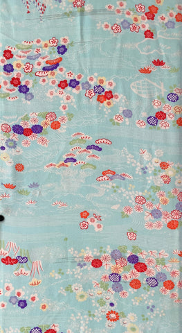 81402: 1960s Japanese Kimono Silk Fabric, Arai-Hari, 55in. Floral on Water,Country Scene