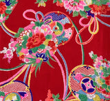 8144:1950s Japan Ceremonial Womens Silk Kimono Fabric; ornate floral, drums, closeup bouquets, decorative cords 