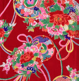 8144: Top portion view, 1950s Japan Ceremonial Womens Silk Kimono Fabric; ornate floral, drums, closeup bouquets, decorative cords 