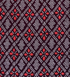 8148-18inches closeup view, 1980s Japan Shibori dyed textile pattern featuring a repeating diamond and floral motif in red, white, and dark brown-black.