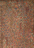 8150: closeup 1980s Japanese chiriment silk, yosegire floral patterned fabric with dense small motifs in red, blue, beige, and brown tones.