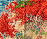 81532: 1960s Japanese Kimono Silk fabric, closeup momiji autmn Japanese maple leaves, red orange with blue water, and a beige background with scattered floral motifs.