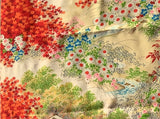 81532: A close-up of a Japanese-silk printed kimono fabric featuring a scenic autumn landscape with strea,. red maple leaves, white and pink flowers, blue blossoms, green foliage, and a light beige background.
