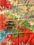 81532: 1960s Japanese Kimono Silk fabric, closeup (Gold Paivilion, kinkakuji, blue water, and a beige background with scattered floral motifs.