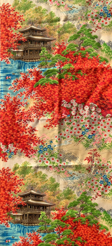 8153-2: 1960s Japanese Kimono Silk fabric, 43 inches view, Gold Pavilion, kinkakuji, nature scenery, blue water, and a beige background with scattered floral motifs.
