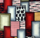 81072: 1930s Meisen silk, Abstract geometric patterned fabric featuring blocks of red, pink, gray, beige, and white with textured stripes and a central black-and-white patterned square.