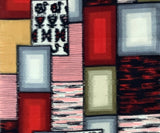 81072-extra closeup Abstract geometric patterned fabric featuring blocks of red, pink, beige, gray, and black with textured stripes and solid fills.