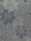8139:1960s Rinzu Kimono Silk, A  close-up of a blue patterned fabric with a repeating chrysanthemums streaking Shigure