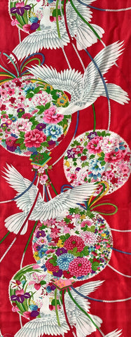 7669: 1960s Japan Retro Print Kimono Silk Arai-Hari Fabric, 57in.Doves, Flowers, Cords