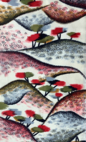 79802-41 inches Decorative fabric with abstract tree pattern in red, green, and brown on a white background