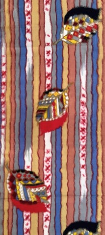7987:1930s Japan Meisen SIlk 7987: foreground leaf on stripes, 1930s Japan Meisen Silk Piece,Ca colorful fabric with geometric patterns