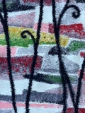 7990: Japan 1950s Meisen Silk Fabric Abstract art with colorful stripes and black curved lines on a textured background