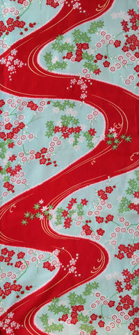 5081 1930s Kimono Silk, red stream,flowers, leaves 59inch, 