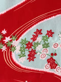 5081 1930s Kimono Silk, red stream,flowers, leaves closeup2