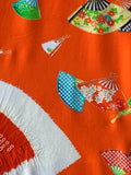 8058: 1980s Japan Kimono Silk, Fans, extra closeup. fans afloat, shibori