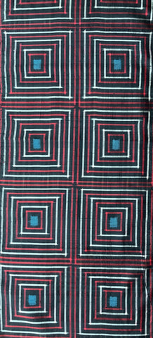 6068 1960s Japanese silk, Fabric with a pattern of nested squares in red, white, and blue.