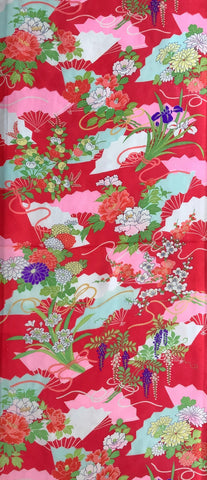8076: 1960s Japan Furisode Silk, Fans, Flowers, 51 inches
