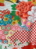 8077: geometric, checked with 1960s Japan Furisode Silk, floral and geometric patterned fabric