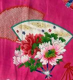 8078: 1930s Girls Ceremonial Kimono Silk Piece, Extra closeup fan-peonies