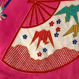8078: 1930s Girls Ceremonial Kimono Silk Piece, origami cranes closeup fan