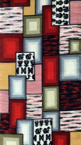 81072: 1930s Meisen Silk Full-length 40inches view of multicolor geometric pattern featuring blocks of red, pink, beige, gray, black, and white with stripes, solid colors, and small patterned motifs.