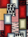 81072: 1930s Meisen silk, Abstract geometric patterned fabric featuring blocks of red, pink, gray, beige, and black textured stripes.